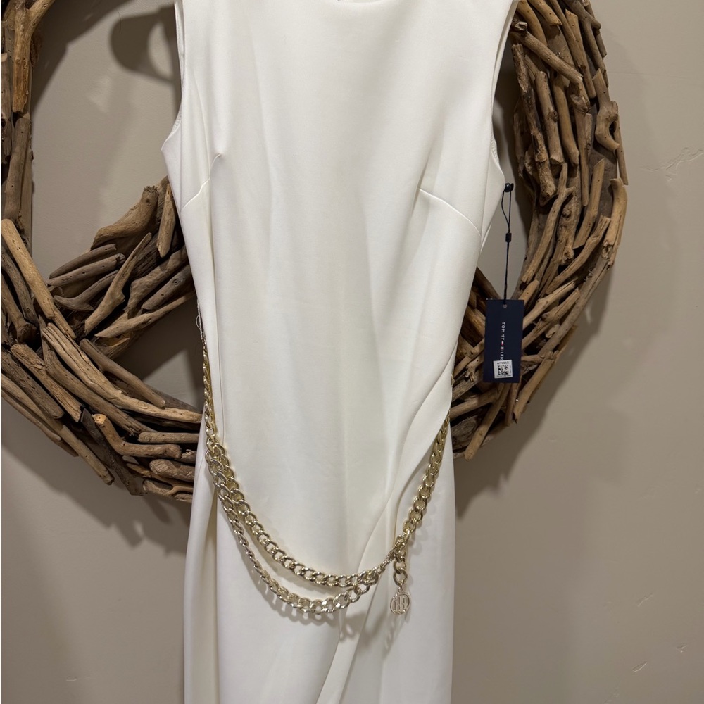 Tommy Hilfiger White Sleeveless Midi Dress with Gold Chain Detail